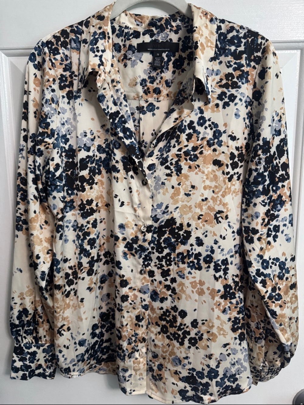 White House Black Market Cream Floral Button-Down Blouse with Navy and Tan